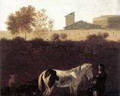 卡雷尔 迪雅尔丹 : Italian Landscape with Herdsman and a Piebald Horse